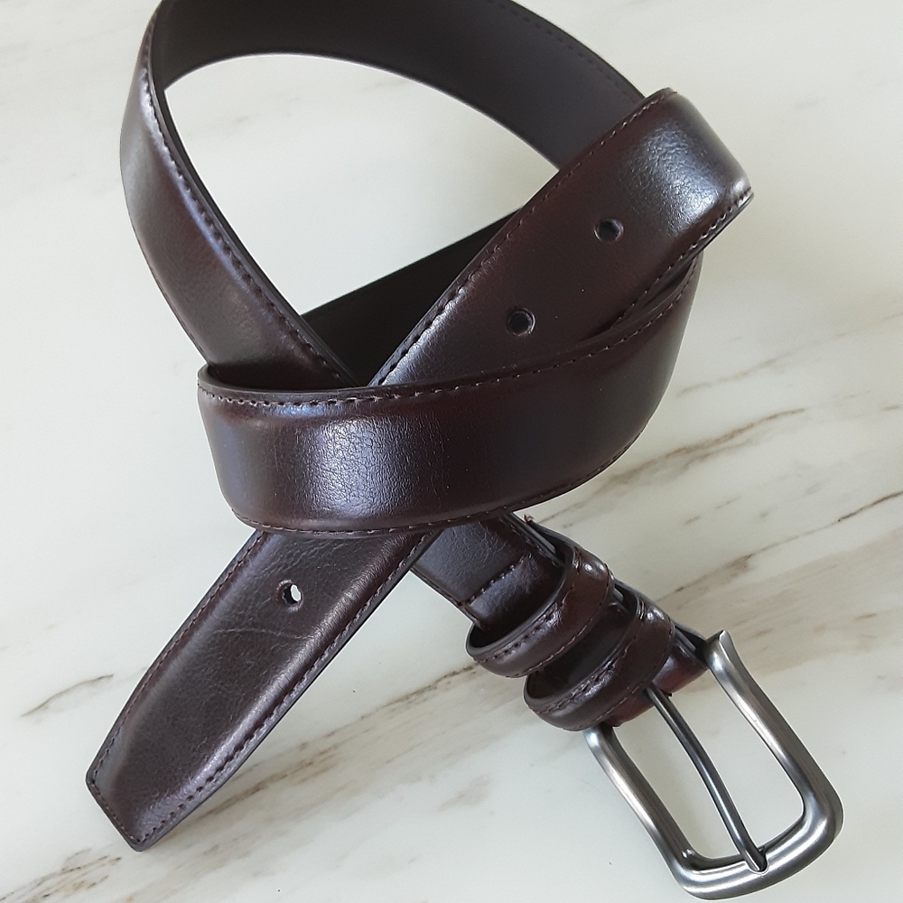 Unbranded Men's Dark Brown Smooth Leather Double Loop Silver Buckle Belt - Sz M